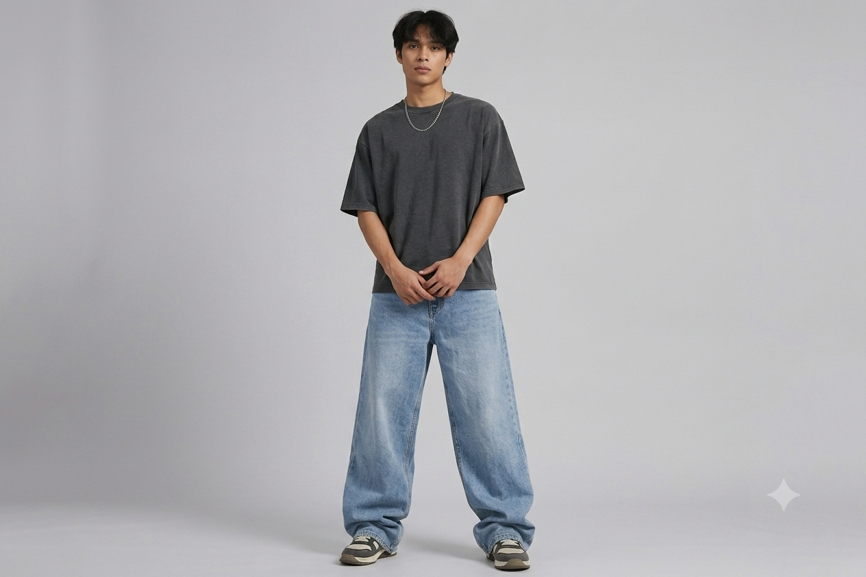 Premium Men's Relaxed Wide-Leg Baggy denim Jeans - Ice Blue Wash
