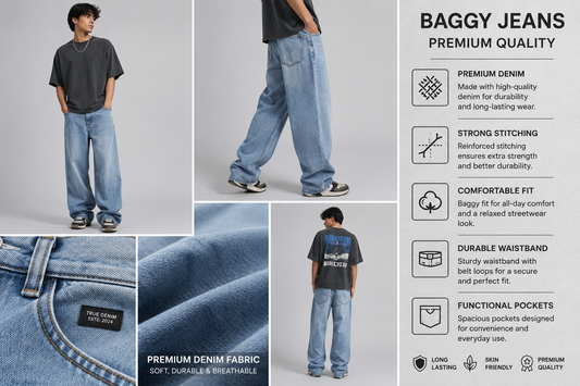 Premium Men's Relaxed Wide-Leg Baggy denim Jeans - Ice Blue Wash