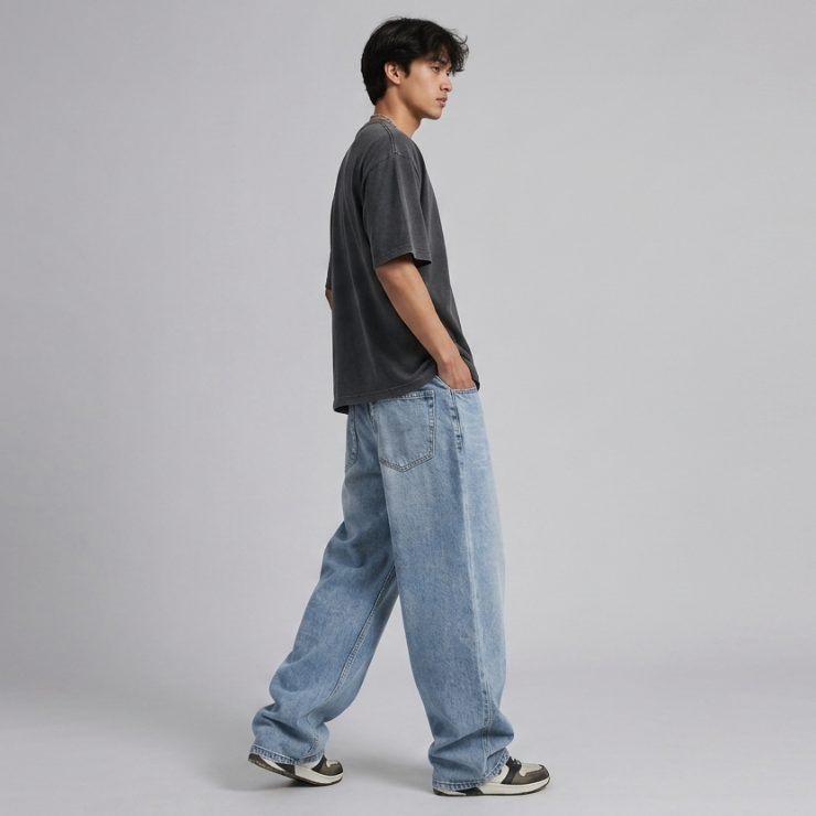 Premium Men's Relaxed Wide-Leg Baggy denim Jeans - Ice Blue Wash