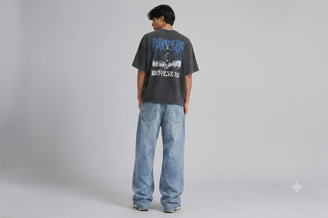 Premium Men's Relaxed Wide-Leg Baggy denim Jeans - Ice Blue Wash